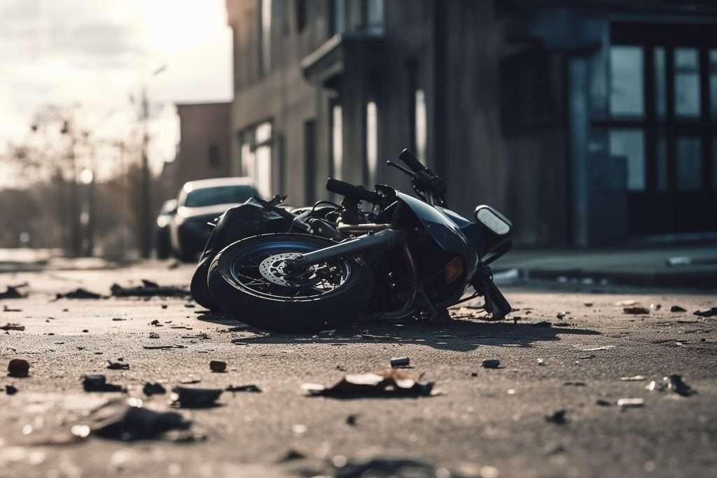 A motorcycle involved in an accident lies on its side in the middle of an empty street, surrounded by debris.